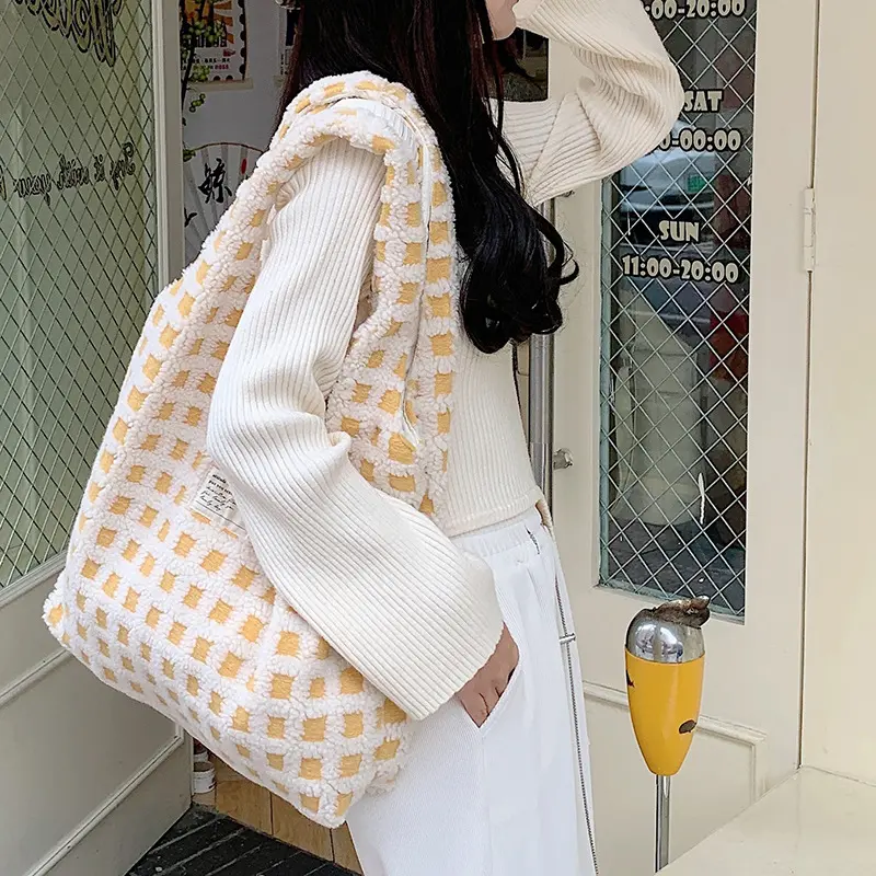 Waffle Pattern Women Plush Shoulder Bags Girls Eco Handbag Student Books Tote Ladies Designer Shopping Bag Plaid Shopper Purses