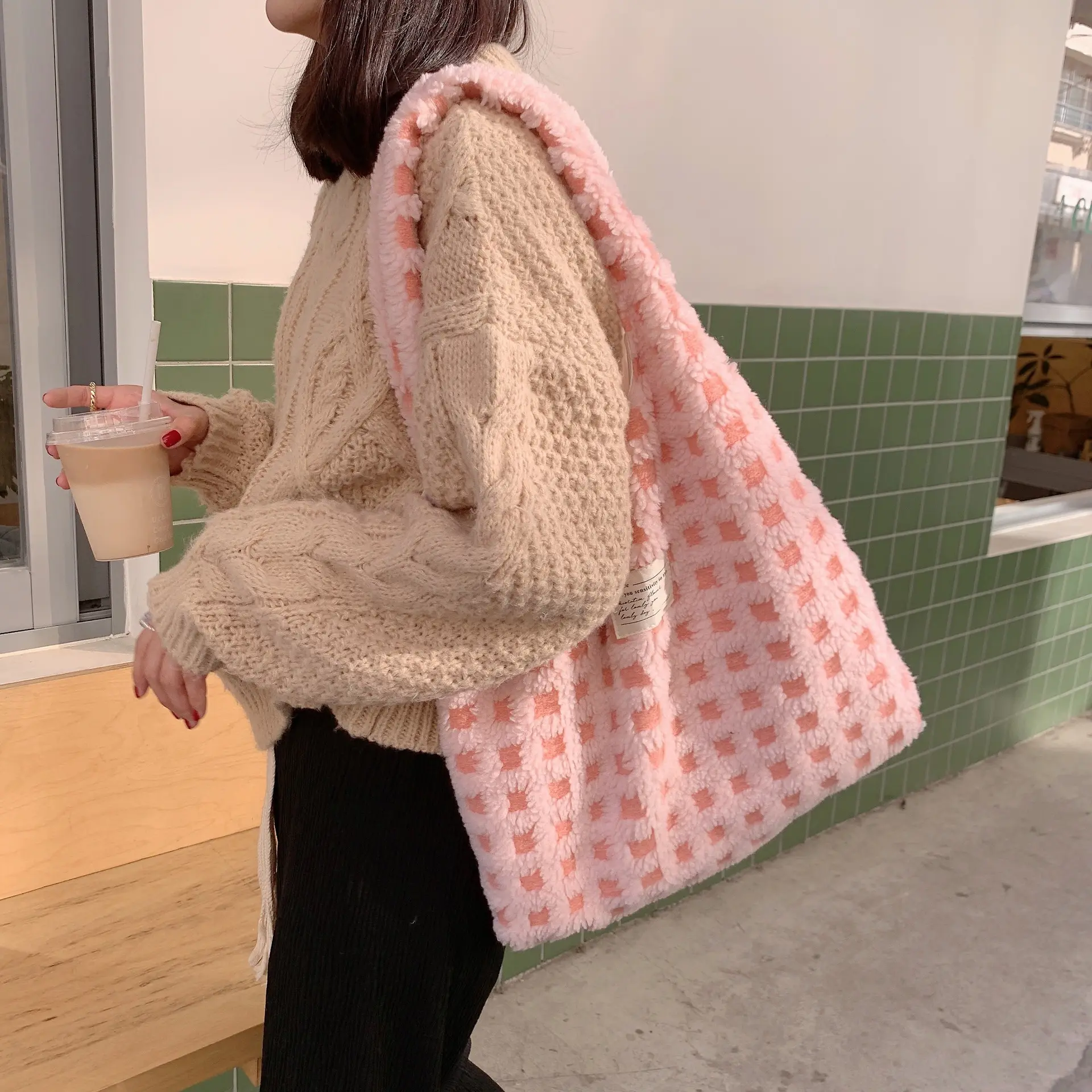Waffle Pattern Women Plush Shoulder Bags Girls Eco Handbag Student Books Tote Ladies Designer Shopping Bag Plaid Shopper Purses
