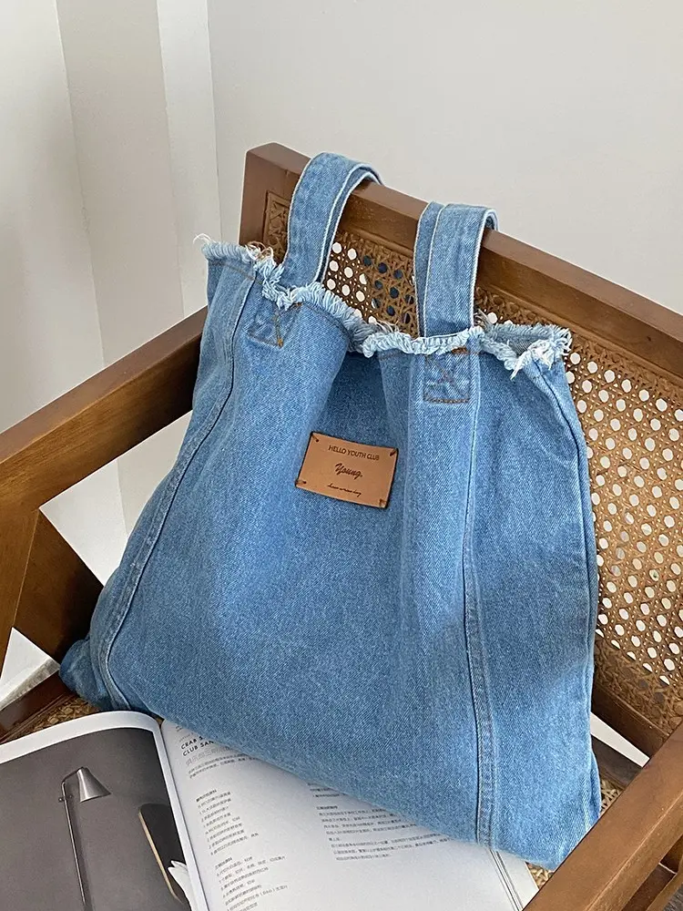 Rough Edge Denim Women Cloth Shoulder Bag Blue Washer Wrinkle Casual Handbag Large Capacity Shopping Bag Female School Book Tote