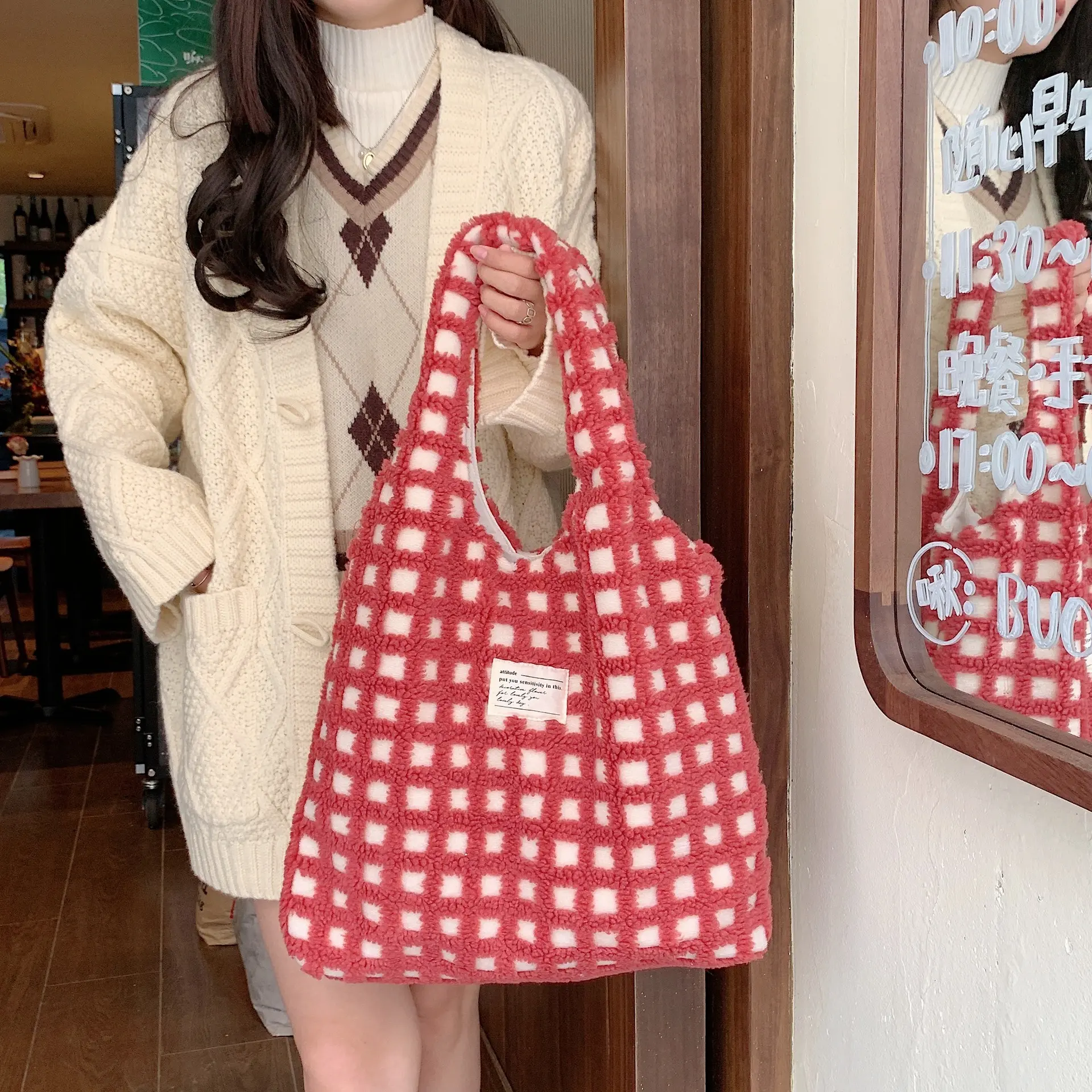 Waffle Pattern Women Plush Shoulder Bags Girls Eco Handbag Student Books Tote Ladies Designer Shopping Bag Plaid Shopper Purses