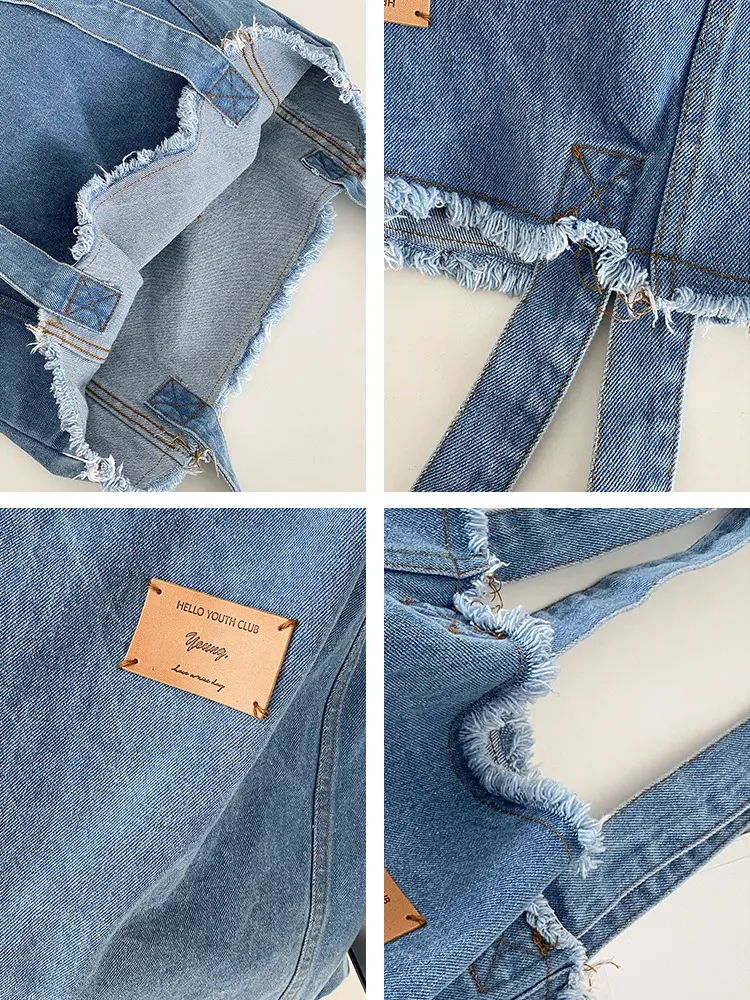 Rough Edge Denim Women Cloth Shoulder Bag Blue Washer Wrinkle Casual Handbag Large Capacity Shopping Bag Female School Book Tote
