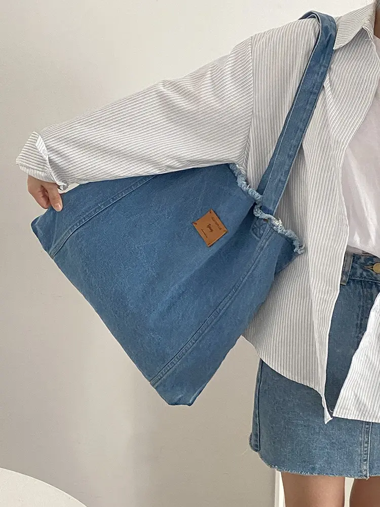Rough Edge Denim Women Cloth Shoulder Bag Blue Washer Wrinkle Casual Handbag Large Capacity Shopping Bag Female School Book Tote