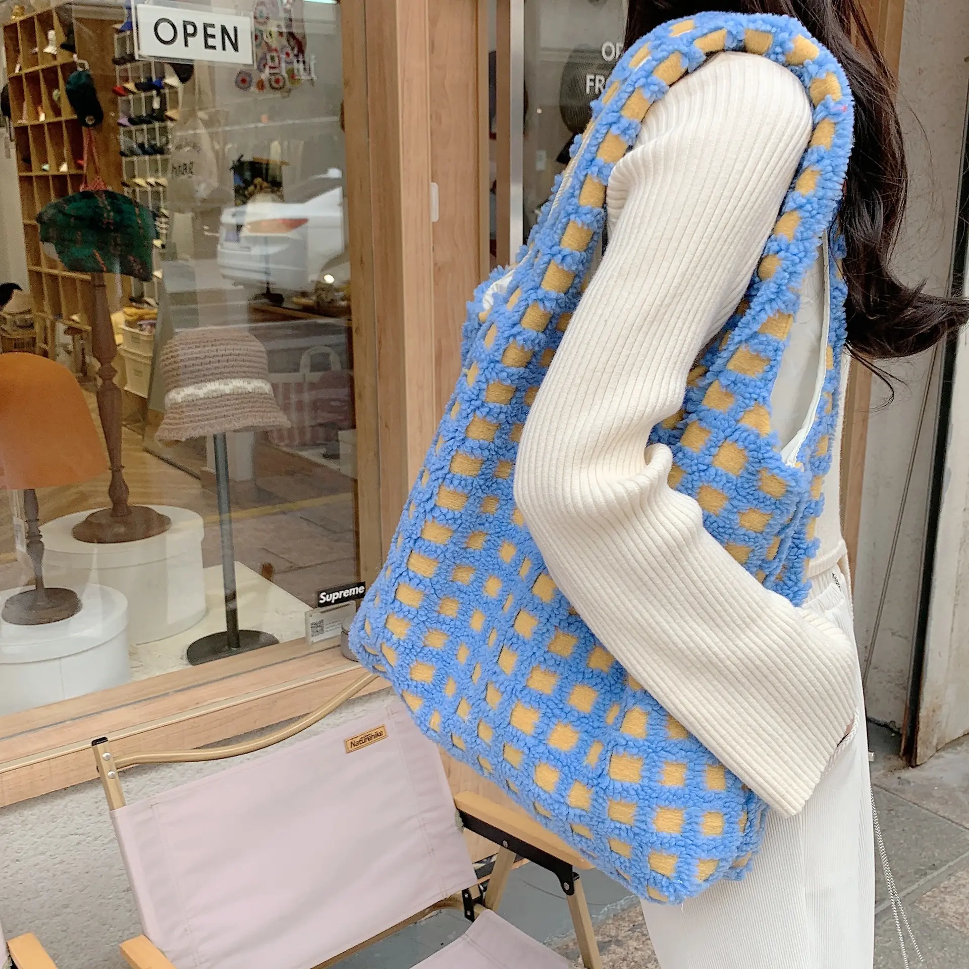 Waffle Pattern Women Plush Shoulder Bags Girls Eco Handbag Student Books Tote Ladies Designer Shopping Bag Plaid Shopper Purses