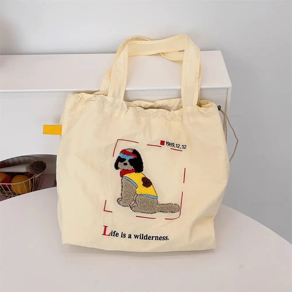 Cute Embroidery Female Canvas Shoulder Bag School Girls Books Handbag Eco Cotton Cloth Travel Purse Women Large Shopping Tote