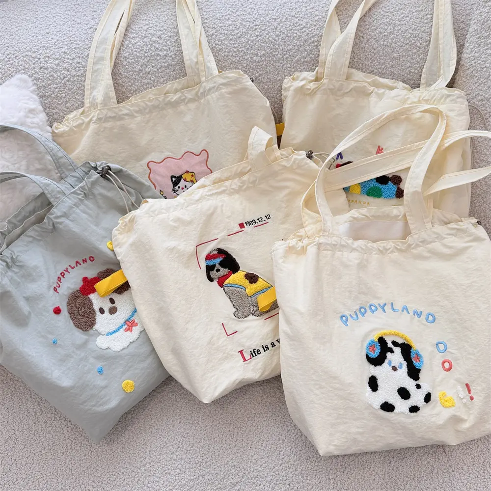 Cute Embroidery Female Canvas Shoulder Bag School Girls Books Handbag Eco Cotton Cloth Travel Purse Women Large Shopping Tote