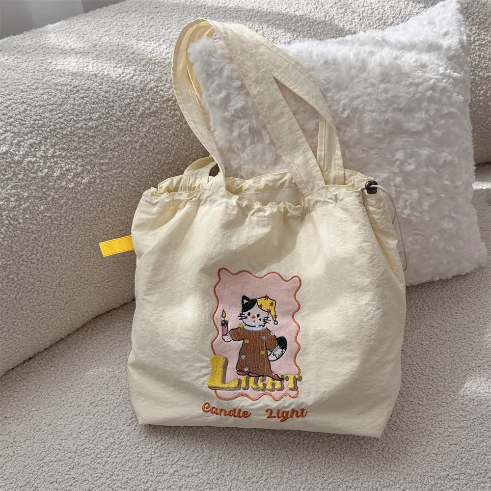 Cute Embroidery Female Canvas Shoulder Bag School Girls Books Handbag Eco Cotton Cloth Travel Purse Women Large Shopping Tote