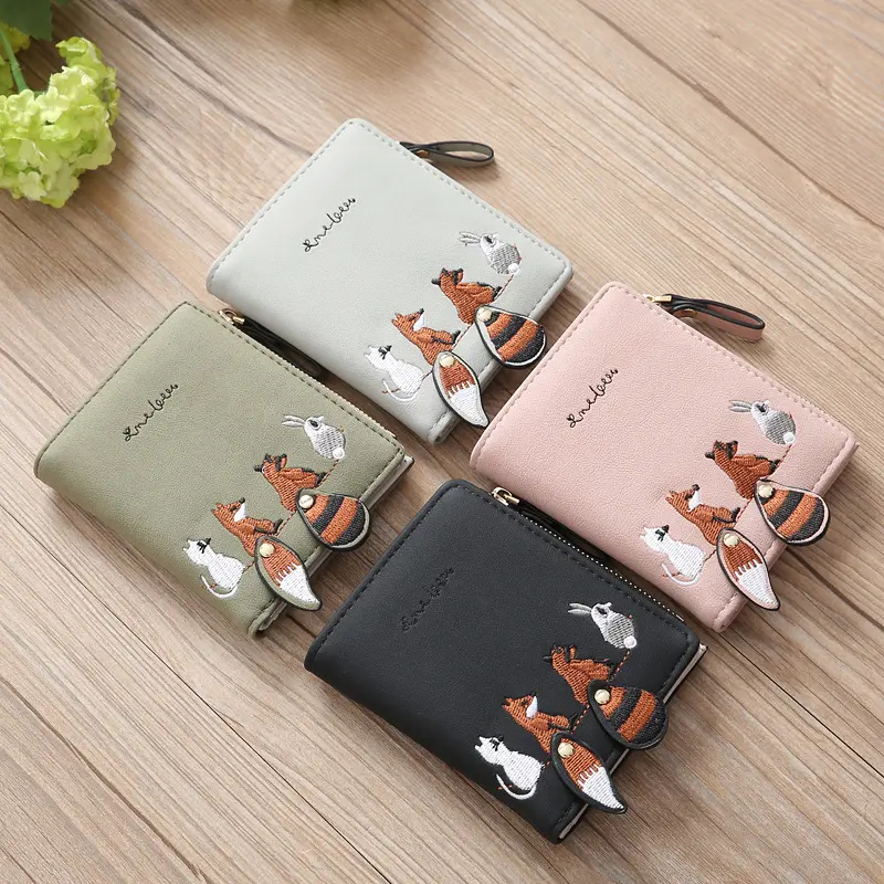 Women Small Wallet Cute Animal Tail Embroidery Square Zipper Coin Purse Ladies Credit Card Holder College Girl Mini Money Bag