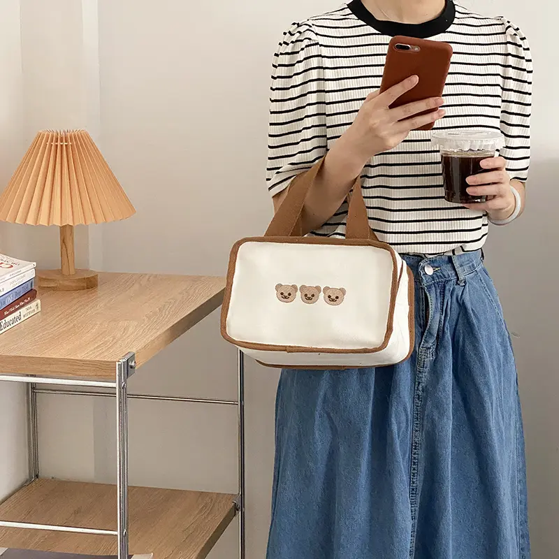 Women Cute Bears Bunnies Lunch Bag Girls Insulated Canvas Cooler Handbag Aluminium Foil Thermal Food Box Picnic Dinner Container