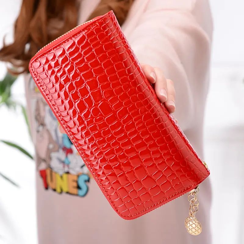 Women's Long Wallet Double Zipper Large Capacity Stone Pattern Clutch Money Bag Patent PU Leather Coin Purse Credit Card Holder