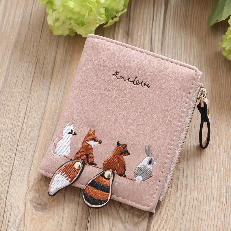 Women Small Wallet Cute Animal Tail Embroidery Square Zipper Coin Purse Ladies Credit Card Holder College Girl Mini Money Bag