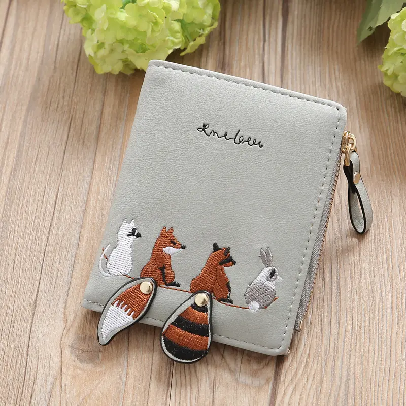 Women Small Wallet Cute Animal Tail Embroidery Square Zipper Coin Purse Ladies Credit Card Holder College Girl Mini Money Bag