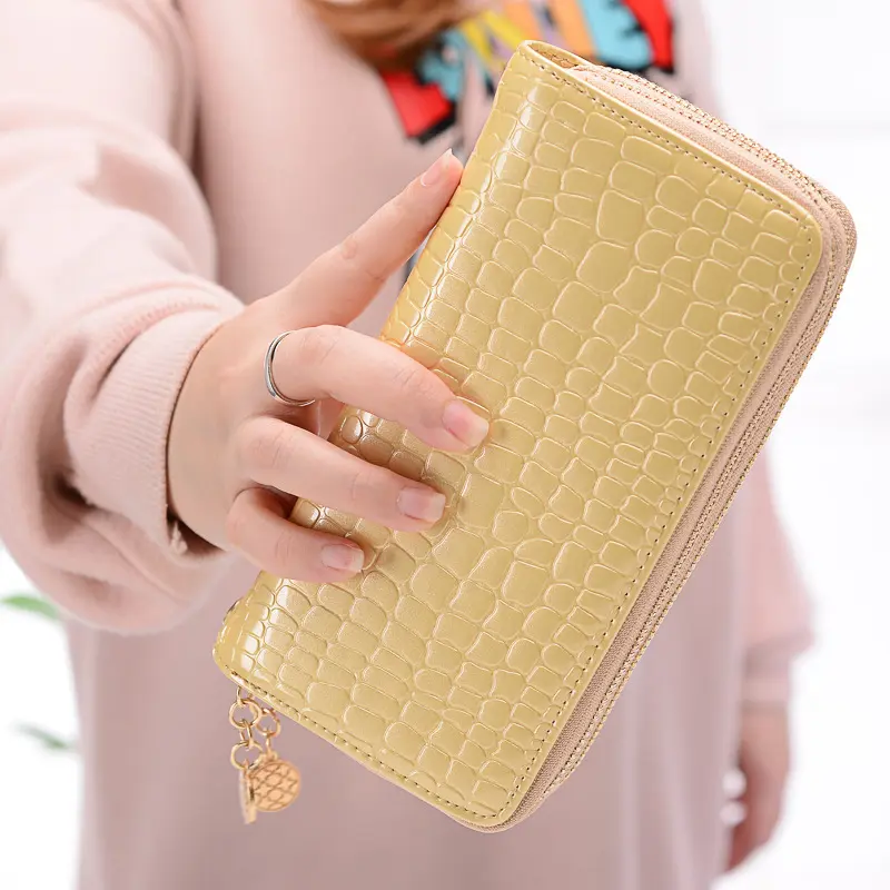 Women's Long Wallet Double Zipper Large Capacity Stone Pattern Clutch Money Bag Patent PU Leather Coin Purse Credit Card Holder