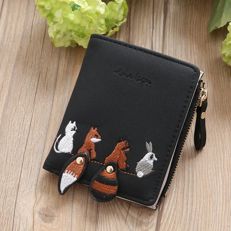 Women Small Wallet Cute Animal Tail Embroidery Square Zipper Coin Purse Ladies Credit Card Holder College Girl Mini Money Bag