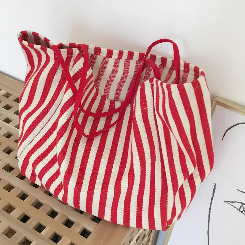 Cotton Canvas Women Big Shoulder Bag Vintage Tote Shopping Bag Extra Large Capacity Handbag Cute Stripe Design Beach Cloth Purse