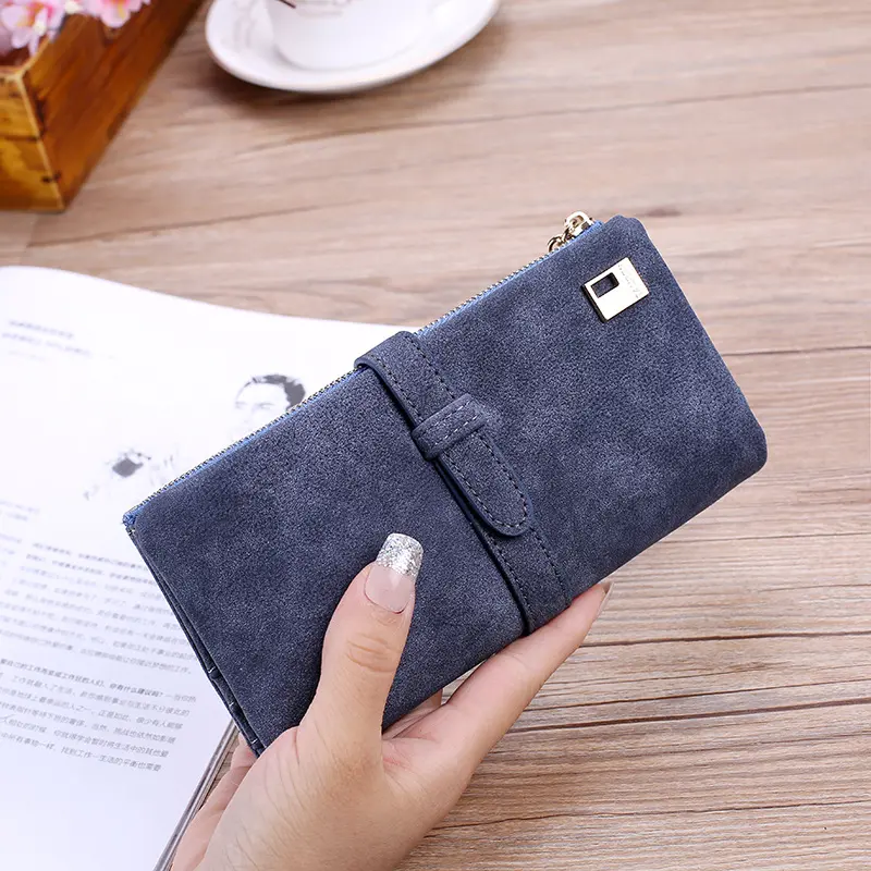 Women Retro Matte Wallets PU Leather Long Purse Clutch Money Bag Female Draw Strap Vintage Wallet Fashion Credit Card Holder