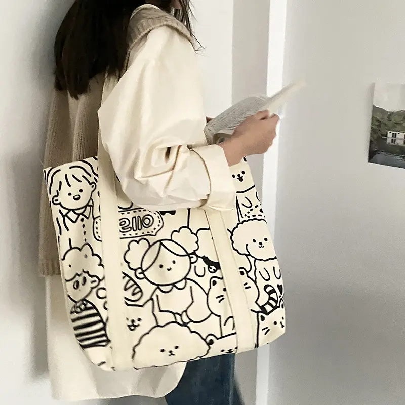 Women Canvas Shoulder Bag Cute illustration Books Bag For College Girl Large Capacity Shopping Bags Cotton Cloth Fabric Big Tote