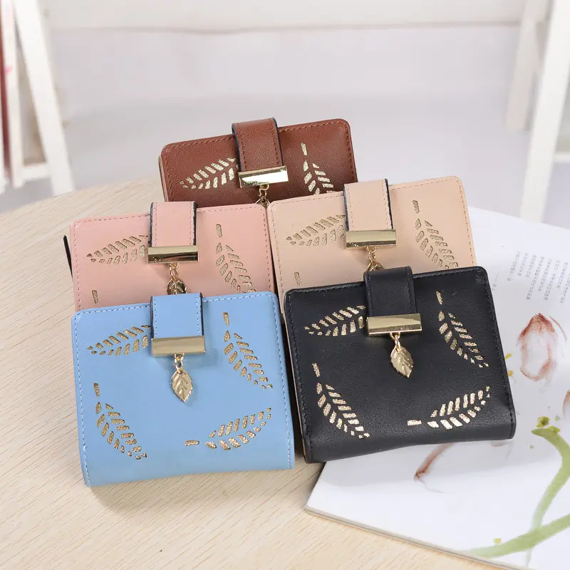 Women Square Wallet Leaf Hollow Design Soft PU Leather Female Hasp Zipper Purse Lady Small Money Bag Cute Card Holder Wholesale