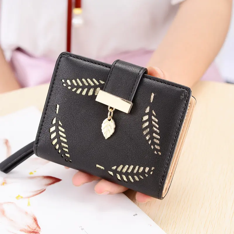 Women Square Wallet Leaf Hollow Design Soft PU Leather Female Hasp Zipper Purse Lady Small Money Bag Cute Card Holder Wholesale