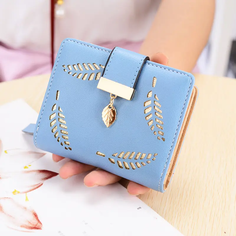 Women Square Wallet Leaf Hollow Design Soft PU Leather Female Hasp Zipper Purse Lady Small Money Bag Cute Card Holder Wholesale