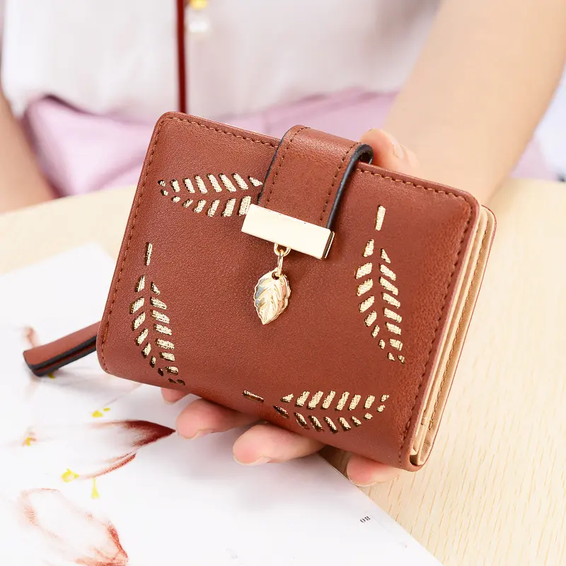 Women Square Wallet Leaf Hollow Design Soft PU Leather Female Hasp Zipper Purse Lady Small Money Bag Cute Card Holder Wholesale