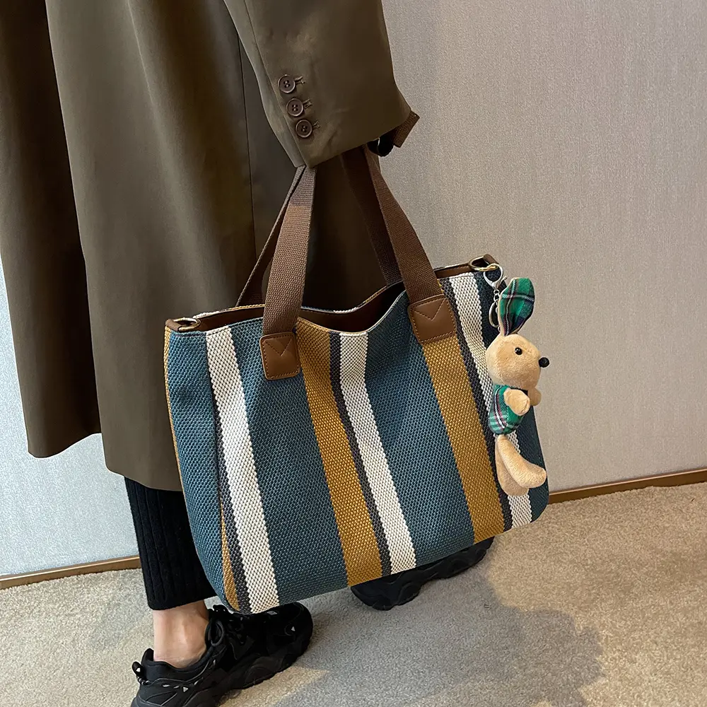 Women Thick Cloth Shoulder Bag Female Striped Canvas Handbag Ladies Crossbody Messenger Bag Commuter Big Zipper Purse Books Tote