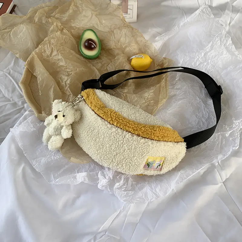 Women Chest Shoulder Bag Lamb Like Fabric Soft Plush Purse Simple Patchwork Panelled Phone Pouch Cute Crossbody Bags For Girls