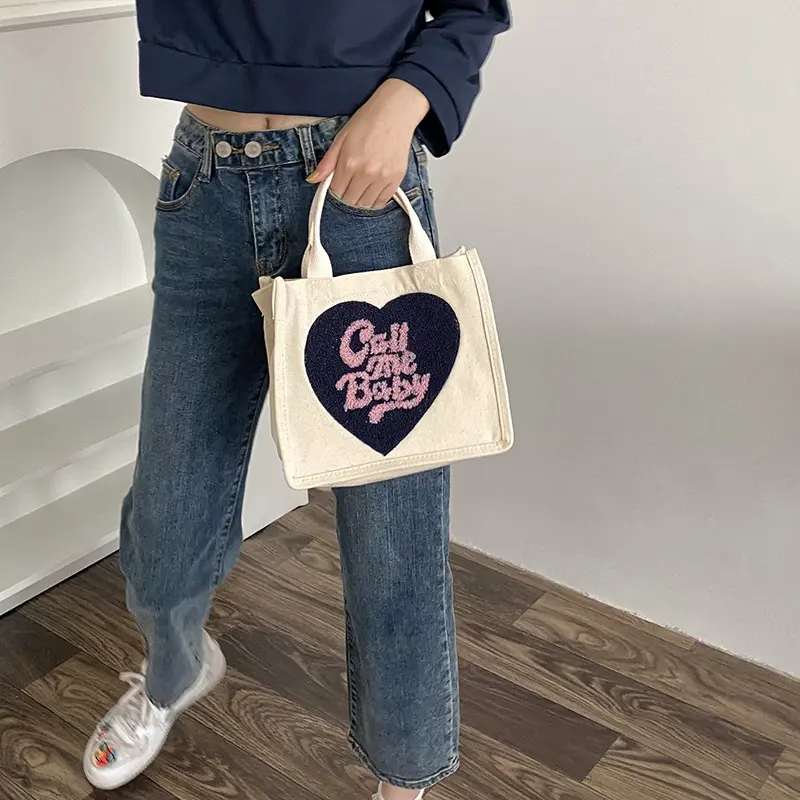 Cute Lunch Bag Heart Shape Canvas Picnic Tote Cotton Cloth Small Handbag Pouch Dinner Container Food Storage Bags For Lunch Box