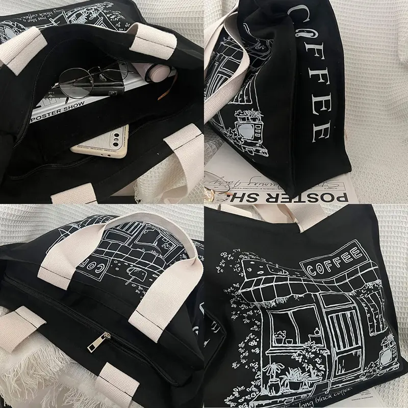 Women Canvas Shoulder Bag Coffee House Shopping Bags Black Thick Cotton Purse Student Books Tote Female Shopper Cloth Handbag