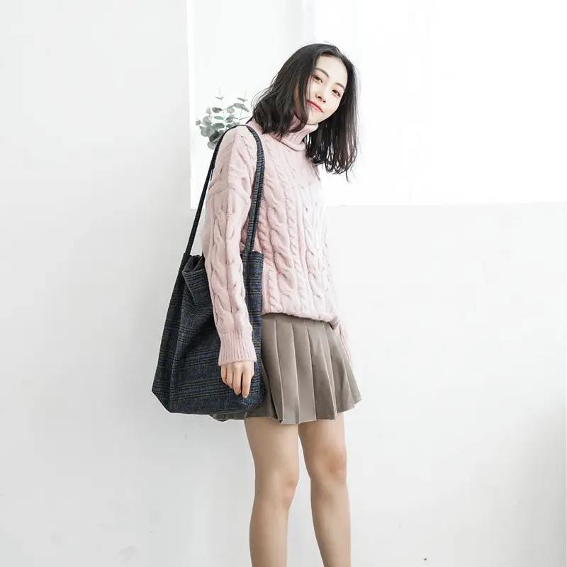 Autumn Winter Women Woolen Canvas Shoulder Bag Cloth Purse Ladies Vintage Plaid Handbag Totes Female Wool Fabric Shopping Bags