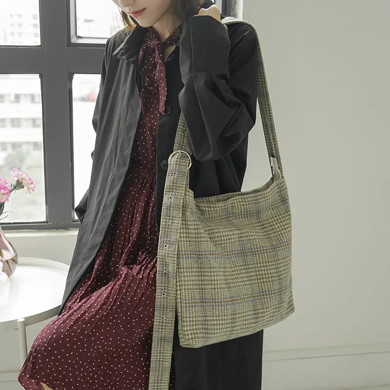 Women Thick Woolen Canvas Shoulder Bag Female Vintage Preppy Plaid Zipper Crossbody Bags Girls' Large Capacity Adjustable Totes