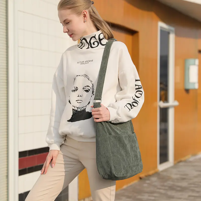Women Stripe Corduroy Shoulder Bag Cloth Fabric Purse Vintage Canvas Messenger Bags Female Large Crossbody Bag Handbag Big Totes