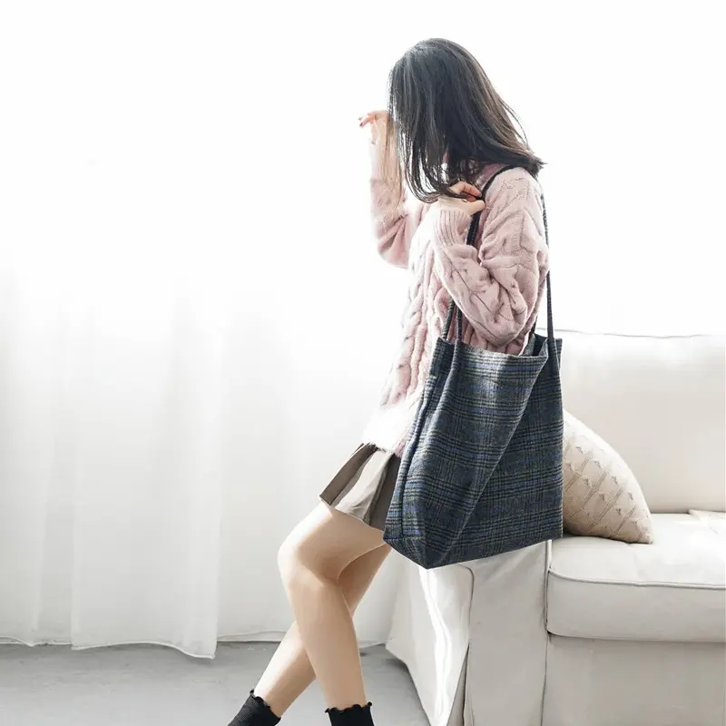 Autumn Winter Women Woolen Canvas Shoulder Bag Cloth Purse Ladies Vintage Plaid Handbag Totes Female Wool Fabric Shopping Bags