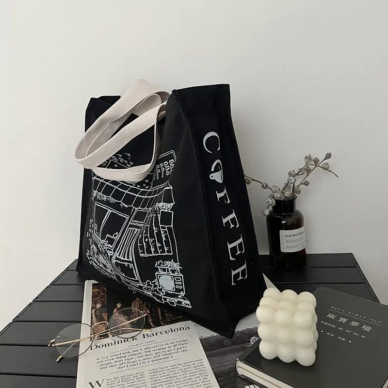 Women Canvas Shoulder Bag Coffee House Shopping Bags Black Thick Cotton Purse Student Books Tote Female Shopper Cloth Handbag