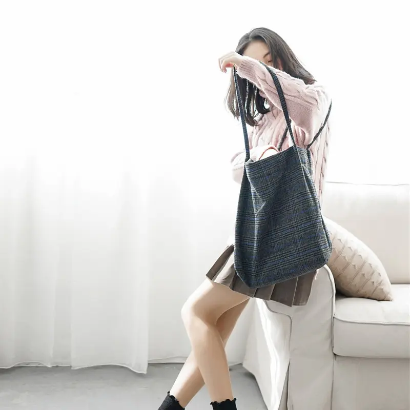 Autumn Winter Women Woolen Canvas Shoulder Bag Cloth Purse Ladies Vintage Plaid Handbag Totes Female Wool Fabric Shopping Bags
