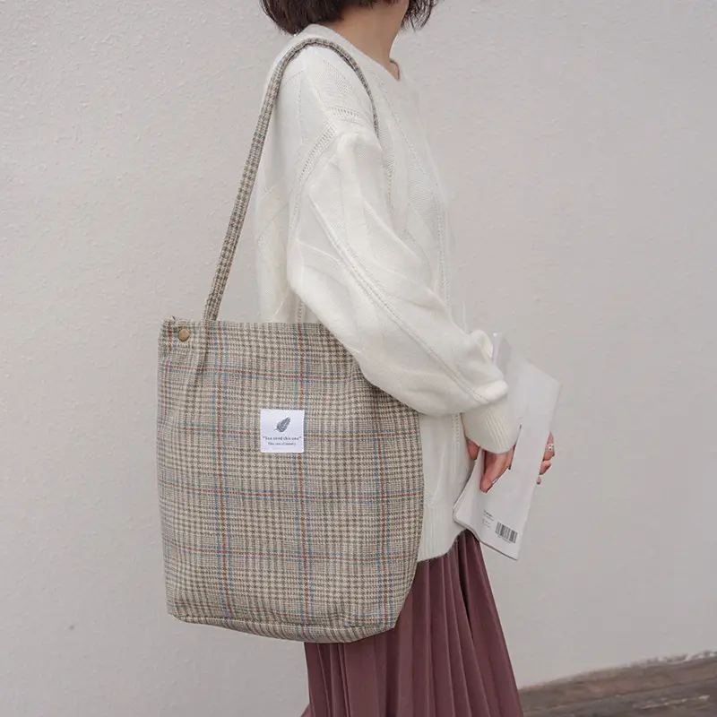 Women Woolen Canvas Shoulder Bag Cotton Cloth Handbags Checked Pattern Tote Soft Fabric Large Capacity Shopping Bags For Ladies