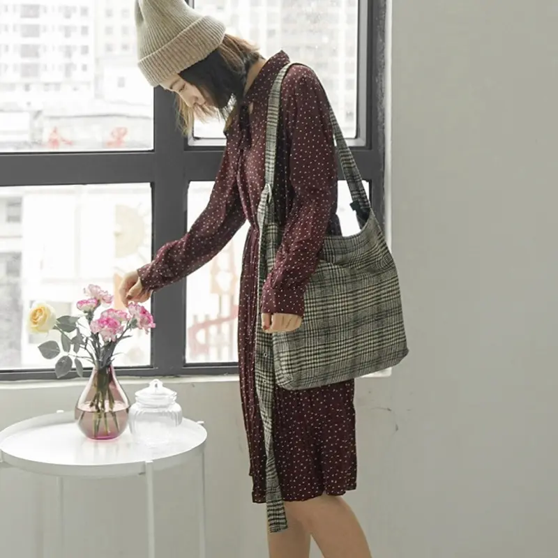 Women Thick Woolen Canvas Shoulder Bag Female Vintage Preppy Plaid Zipper Crossbody Bags Girls' Large Capacity Adjustable Totes