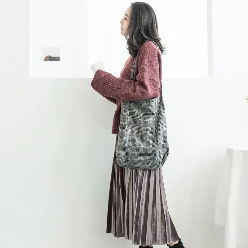 Autumn Winter Women Woolen Canvas Shoulder Bag Cloth Purse Ladies Vintage Plaid Handbag Totes Female Wool Fabric Shopping Bags
