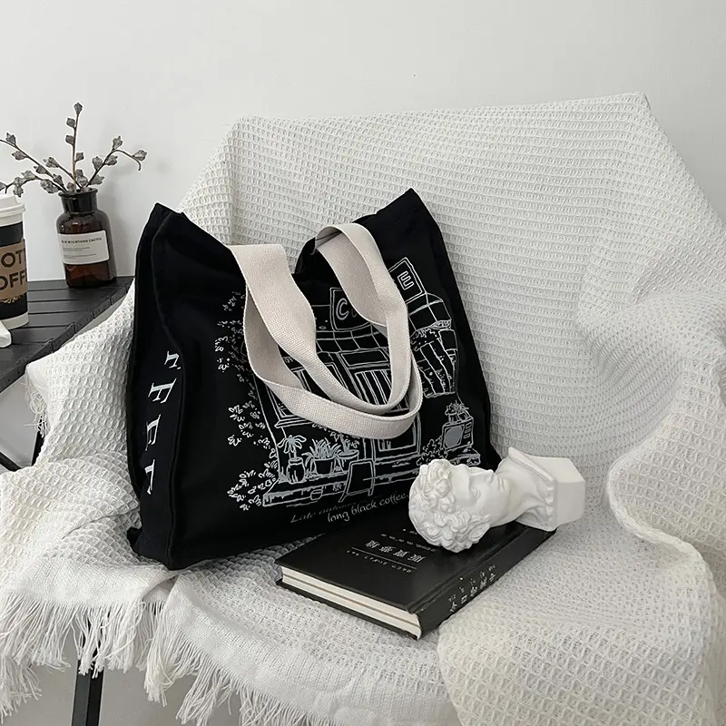 Women Canvas Shoulder Bag Coffee House Shopping Bags Black Thick Cotton Purse Student Books Tote Female Shopper Cloth Handbag