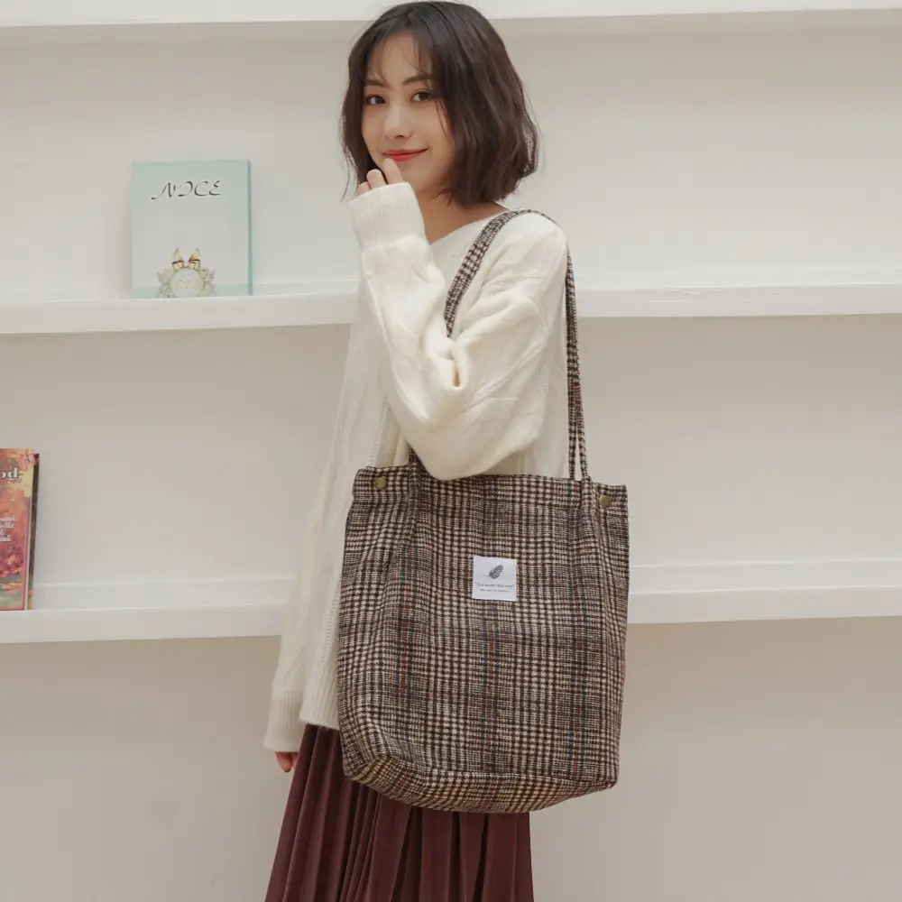 Women Woolen Canvas Shoulder Bag Cotton Cloth Handbags Checked Pattern Tote Soft Fabric Large Capacity Shopping Bags For Ladies