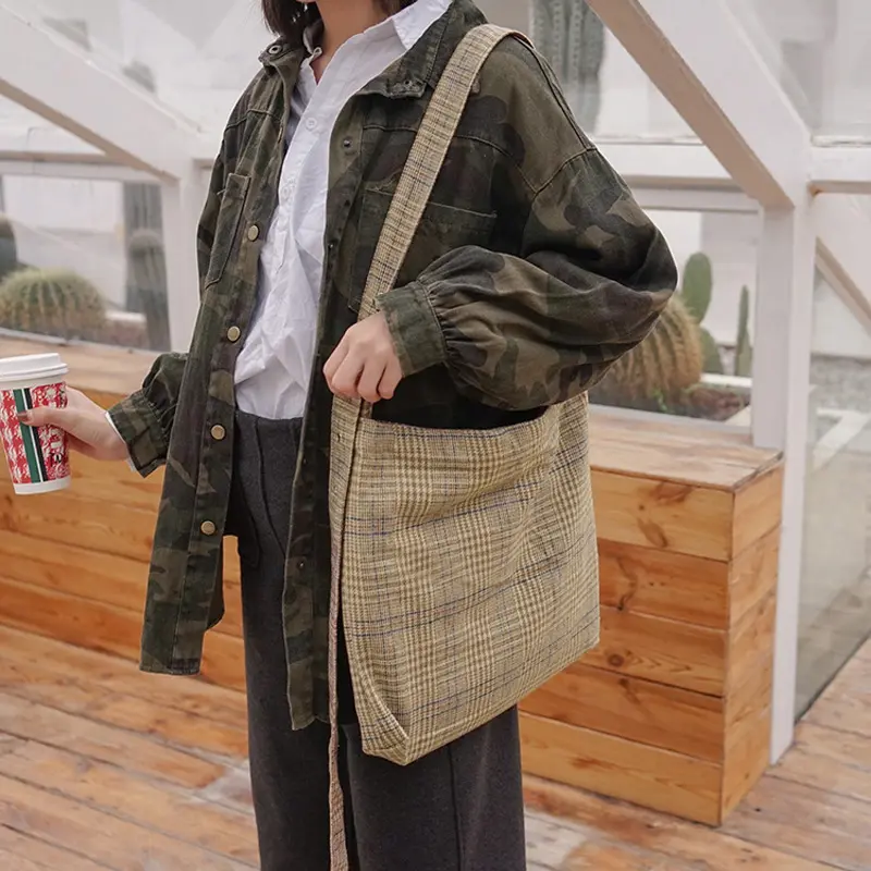 Women Thick Woolen Canvas Shoulder Bag Female Vintage Preppy Plaid Zipper Crossbody Bags Girls' Large Capacity Adjustable Totes