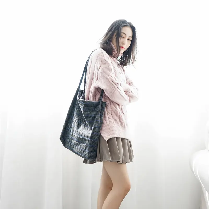 Autumn Winter Women Woolen Canvas Shoulder Bag Cloth Purse Ladies Vintage Plaid Handbag Totes Female Wool Fabric Shopping Bags