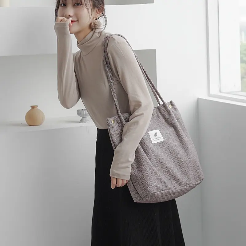Women Woolen Canvas Shoulder Bag Cotton Cloth Handbags Checked Pattern Tote Soft Fabric Large Capacity Shopping Bags For Ladies