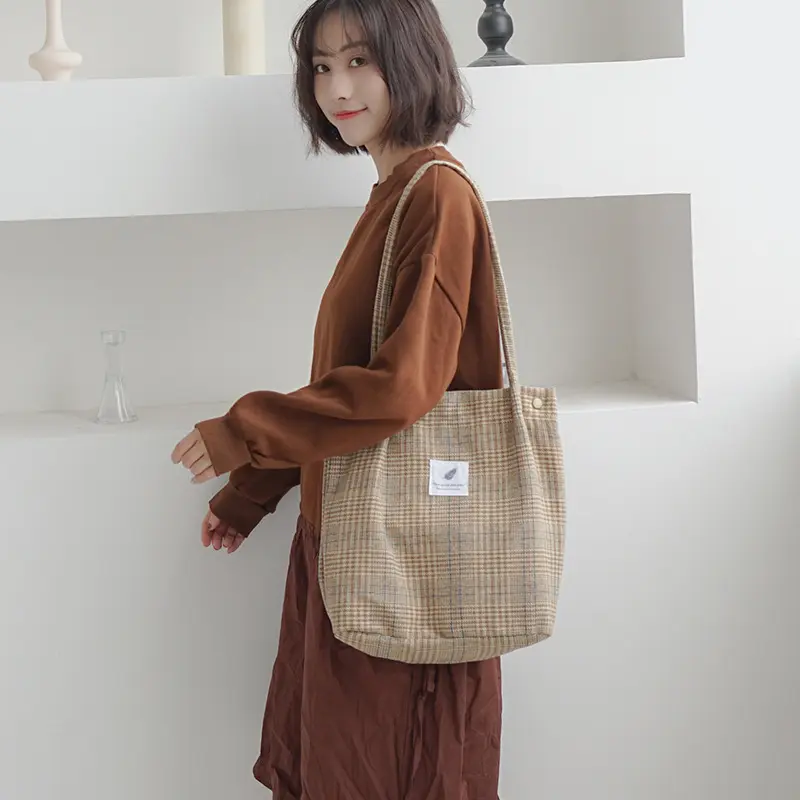 Women Woolen Canvas Shoulder Bag Cotton Cloth Handbags Checked Pattern Tote Soft Fabric Large Capacity Shopping Bags For Ladies
