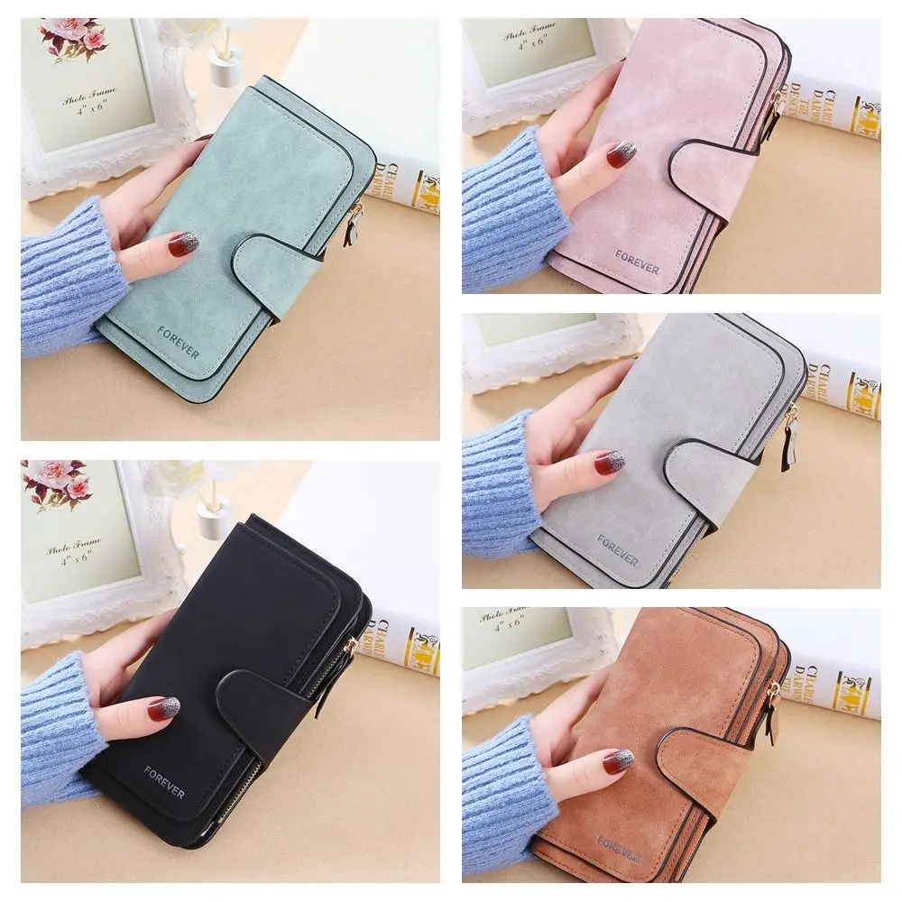 Fashion Frosted Three Folding Wallet Handheld Zipper Credit Card Bag Clutch Bag Phone Bag PU Leather Coin Purse Female