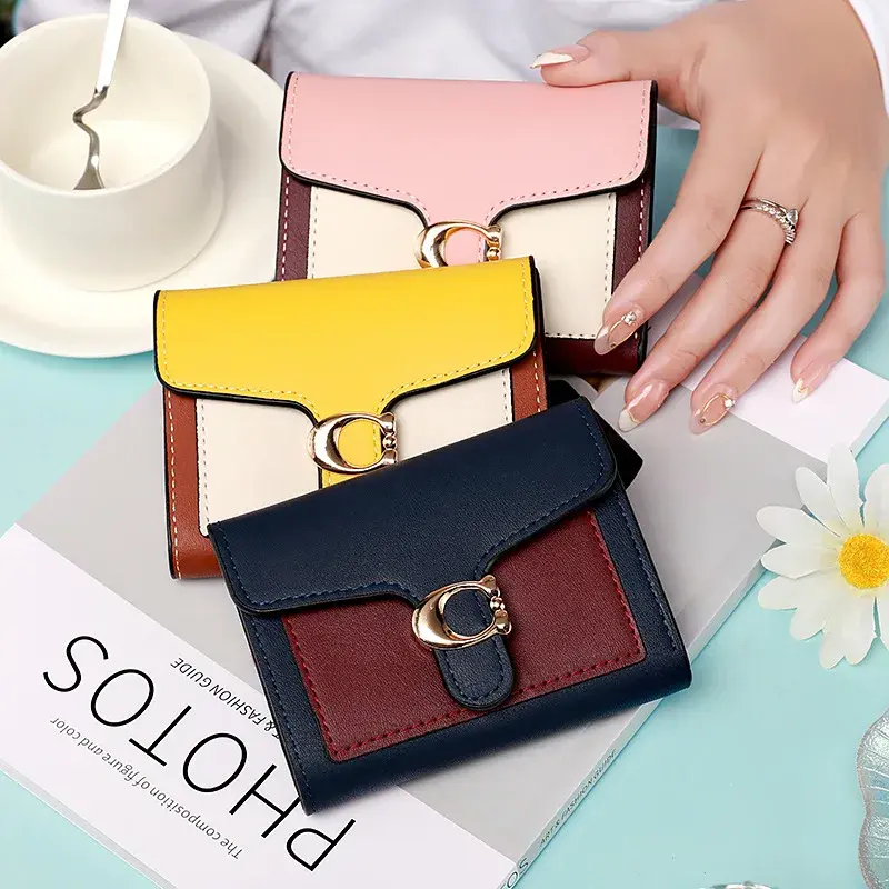 Wholesale Women's Mini Color Block Cropped Wallet Multiple Card Slots Coin Purse Fashionable Lightweight Wallet Clip