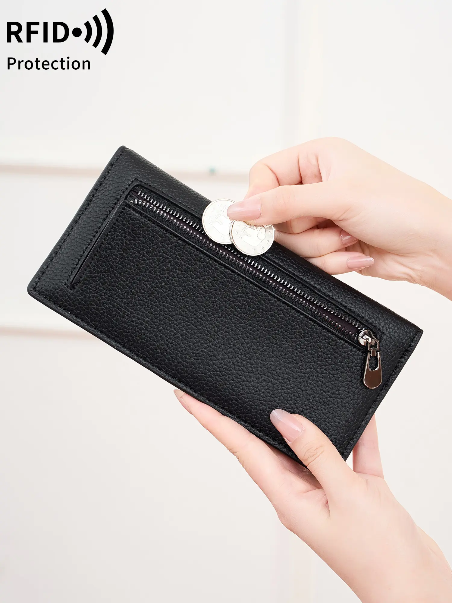 New RFID Blocking Women'S Wallet Minimalism Litchi pattern Long Wallet Ultrathin Portable Card Holder Fashion Oilwaxskin Handbag