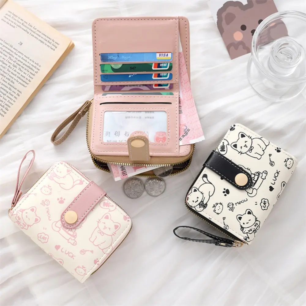 Short Women'S Wallet Simple Cute Kitten Pattern Coin Purse Multi-Functional Card Holder with Multiple Card Slots Money Bag