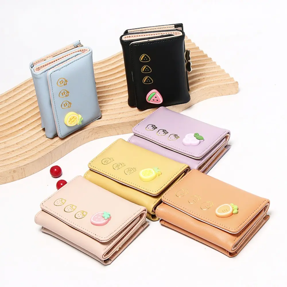 Cute Fruit Pattern Short Folding Card Bag Candy Color PU Card Holder Multi-card Slot Causal Folding Wallet Women