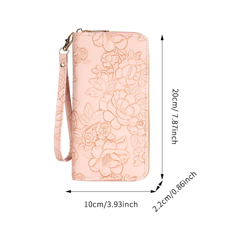 Floral Embossed Leather Women's Long Wallet - Phone Slot Credit Card Holder, Trendy Coin Clutch Purse with Hand-painted Design
