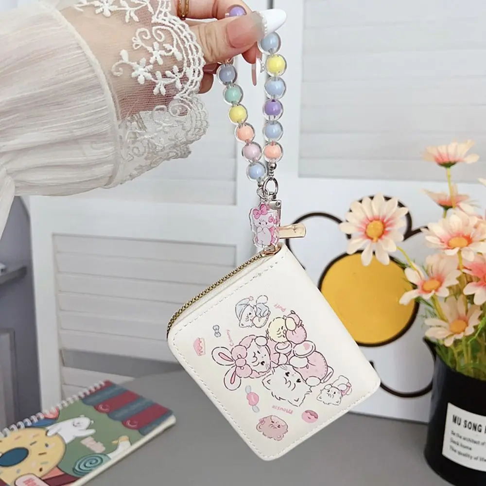 Kawaii PU Leather Short Wallet Mikko with Rope Pendant Coin Purse Mini Credit Card Holoder Money Bag Girl